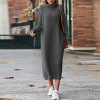 Women's Ribbed Knit Midi Dress with High Turtleneck, Grey, view 4