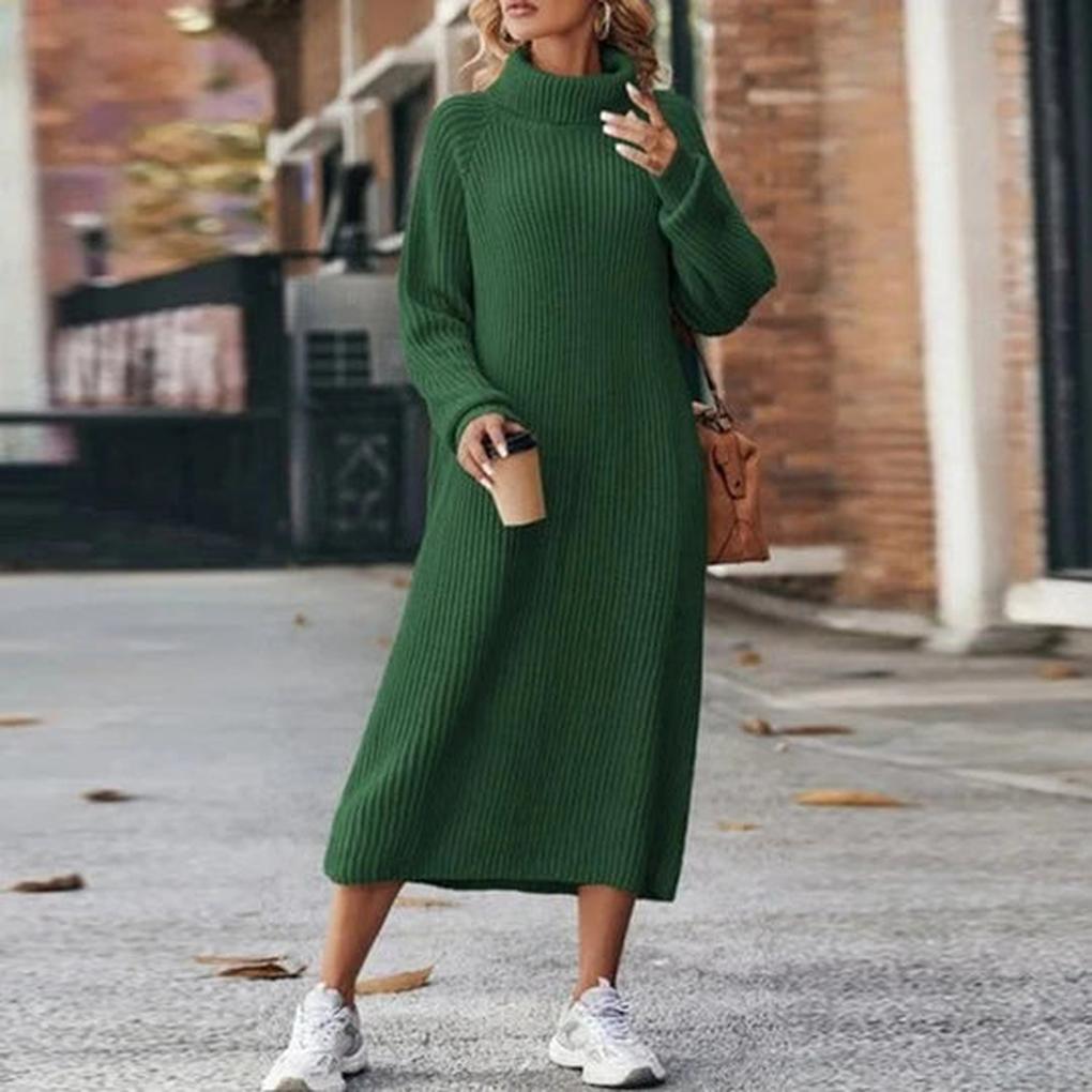 Women's Ribbed Knit Midi Dress with High Turtleneck, Green, view 5
