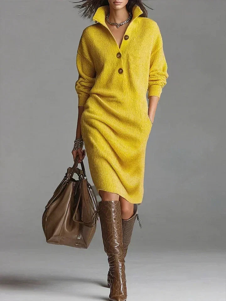 Women's Ribbed Knit Midi Dress with Open Collar, Yellow, view 1