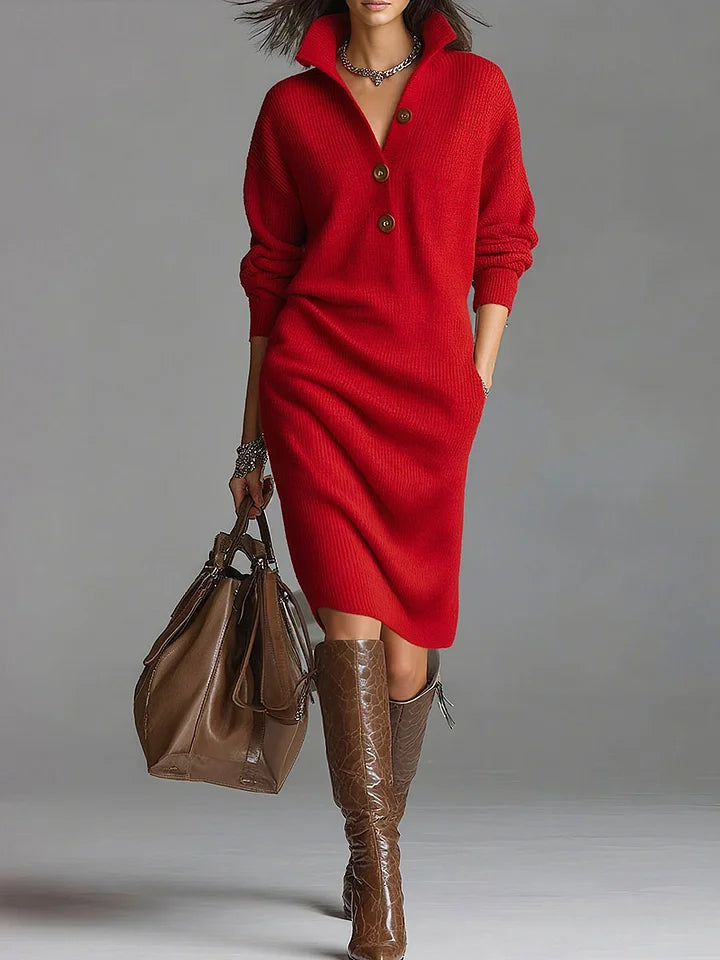 Women's Ribbed Knit Midi Dress with Open Collar, Red, view 2