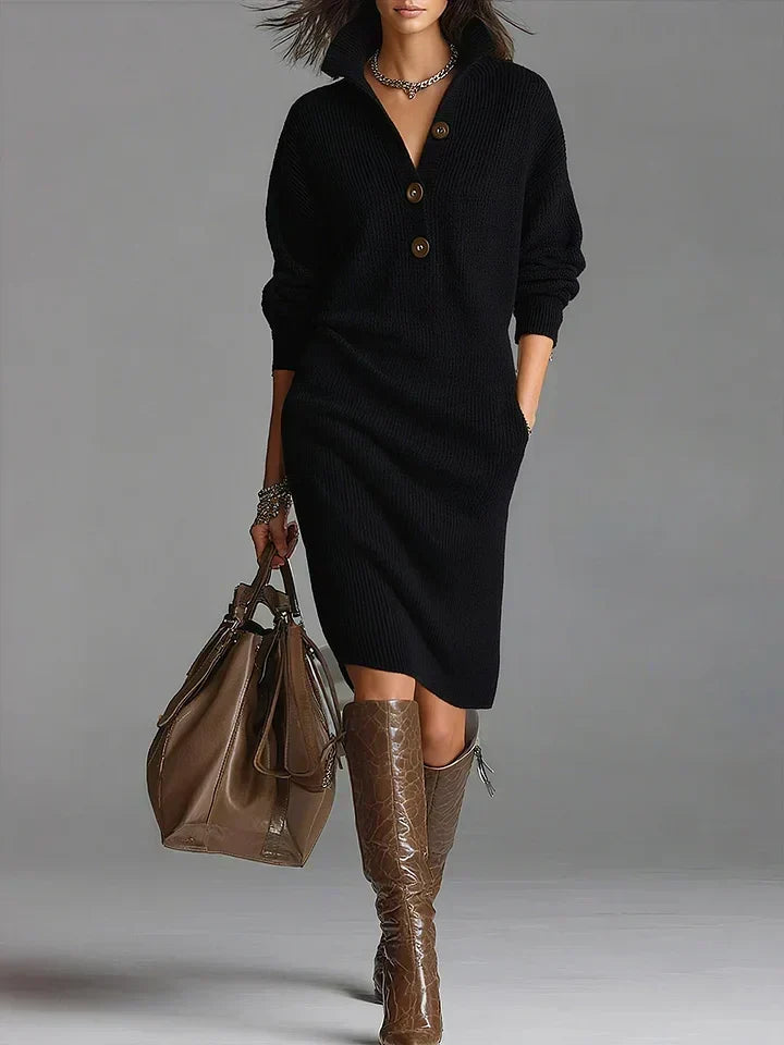 Women's Ribbed Knit Midi Dress with Open Collar, Black, view 4