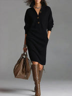 Women's Ribbed Knit Midi Dress with Open Collar, Black, view 4