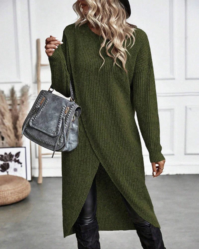 Women's Ribbed Knit Midi Dress with Wrap Front and Split Hem, Green, view 1