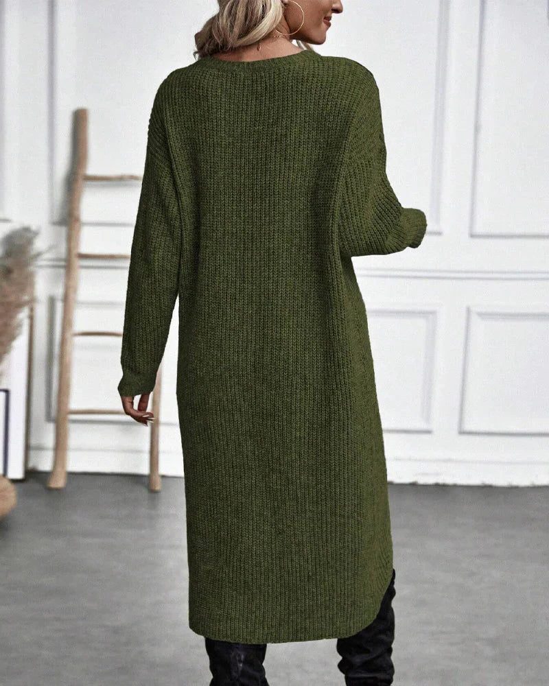Women's Ribbed Knit Midi Dress with Wrap Front and Split Hem, view 3
