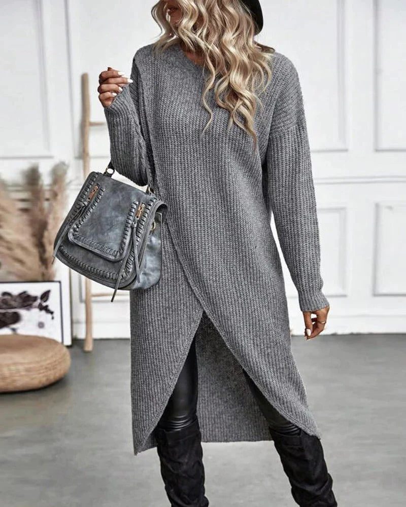 Women's Ribbed Knit Midi Dress with Wrap Front and Split Hem, Grey, view 4