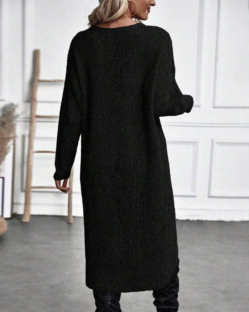 Women's Ribbed Knit Midi Dress with Wrap Front and Split Hem, view 7
