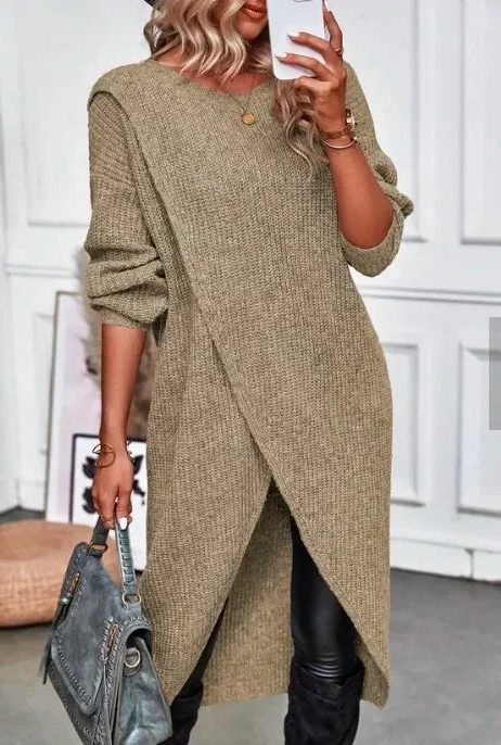Women's Ribbed Knit Midi Dress with Wrap Front and Split Hem, Khaki, view 8