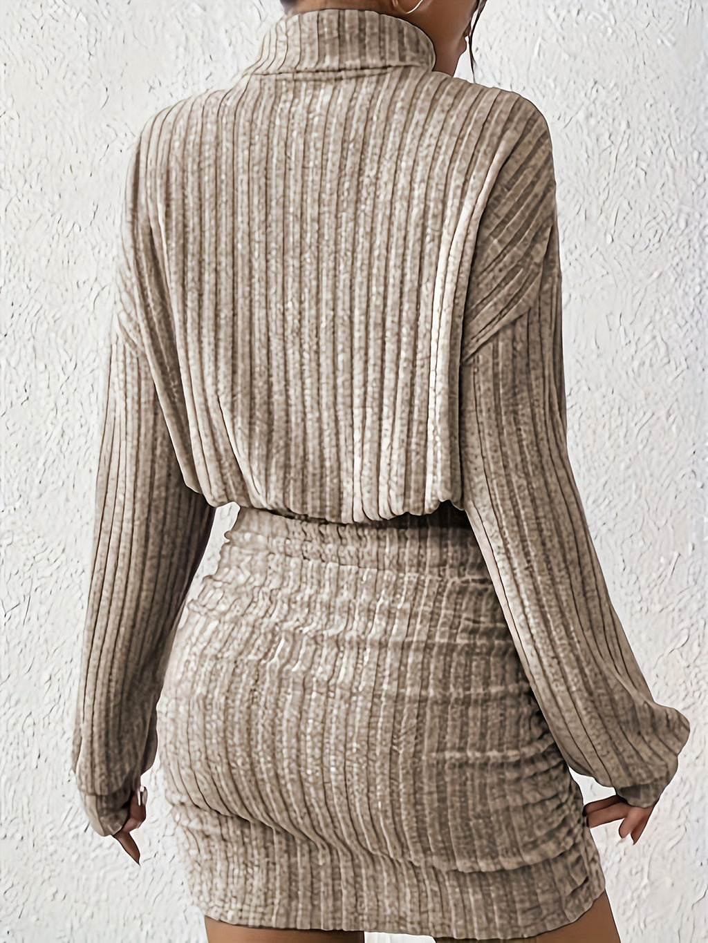 Women's Ribbed Knit Turtleneck Mini Dress with Gathered Waist, view 2