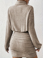 Women's Ribbed Knit Turtleneck Mini Dress with Gathered Waist, view 2