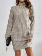 Women's Ribbed Knit Turtleneck Mini Dress with Long Sleeves, Khaki, view 1