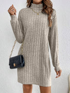 Women's Ribbed Knit Turtleneck Mini Dress with Long Sleeves, view 3