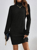 Women's Ribbed Knit Turtleneck Mini Dress with Long Sleeves, Black, view 4