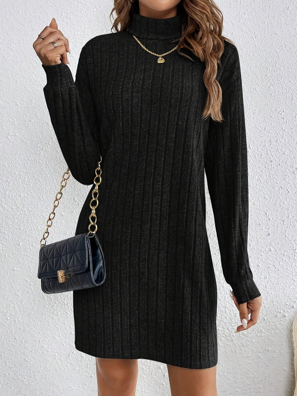 Women's Ribbed Knit Turtleneck Mini Dress with Long Sleeves, view 6