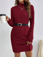 Women's Ribbed Knit Turtleneck Mini Dress with Long Sleeves, view 11