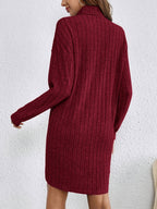 Women's Ribbed Knit Turtleneck Mini Dress with Long Sleeves, view 12