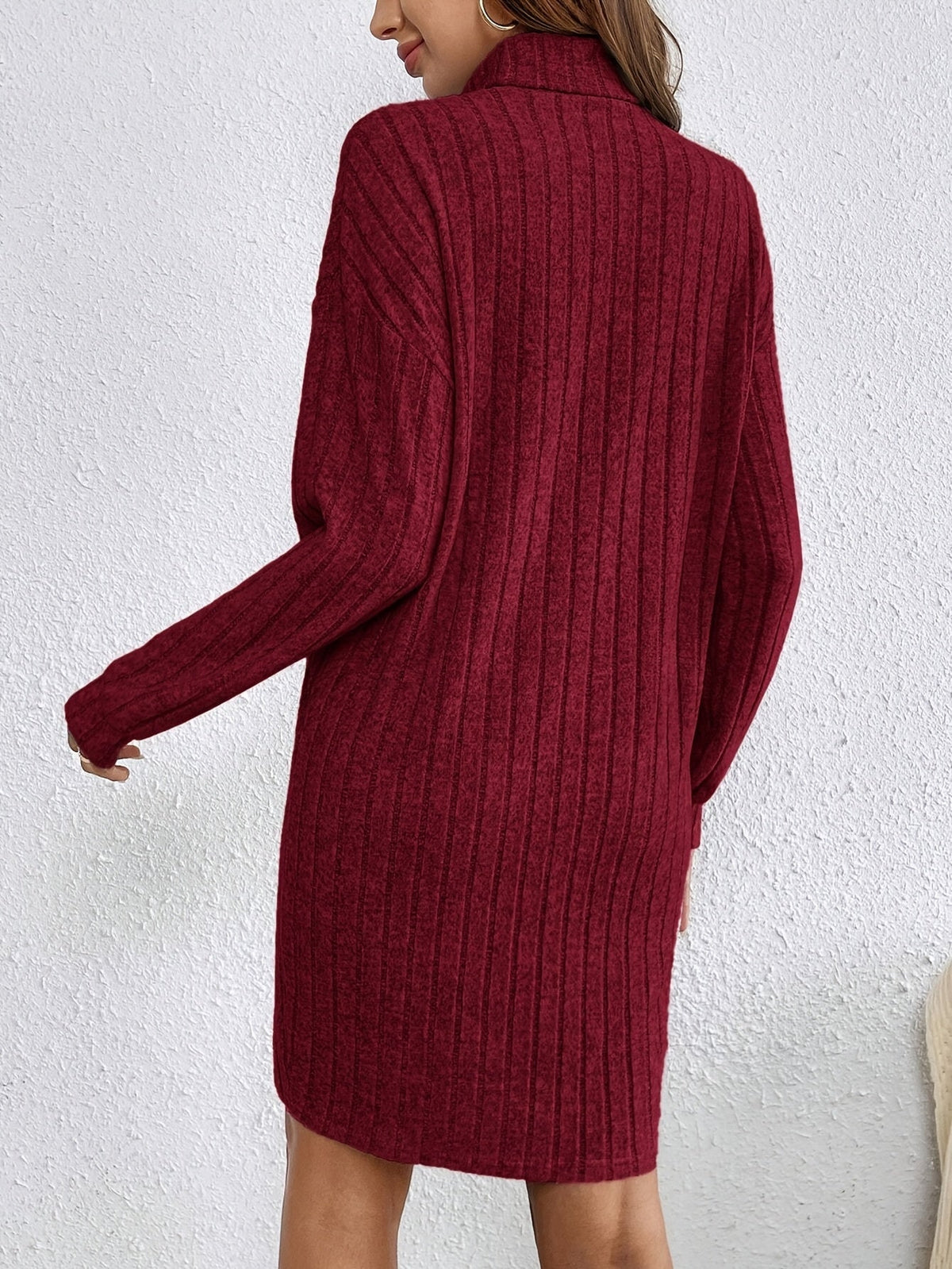 Women's Ribbed Knit Turtleneck Mini Dress with Long Sleeves, view 12