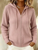 Women's Ribbed Knit Zip-Up Hoodie Cardigan with Drawstring, Pink, view 1