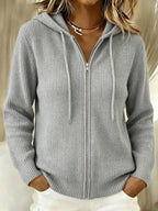 Women's Ribbed Knit Zip-Up Hoodie Cardigan with Drawstring, Grey, view 2