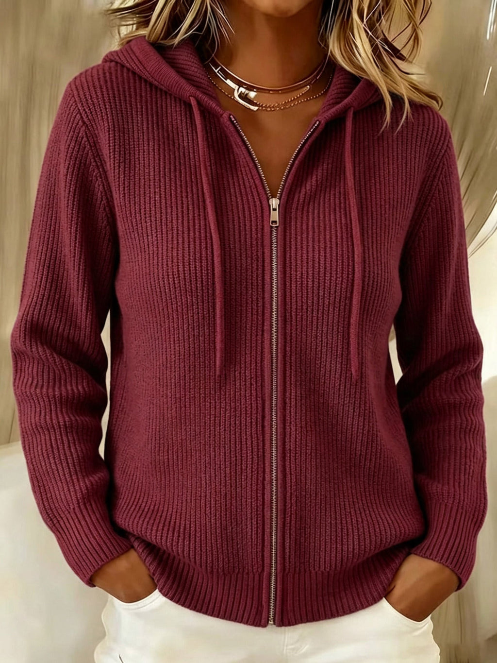 Women's Ribbed Knit Zip-Up Hoodie Cardigan with Drawstring, Red, view 3