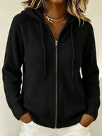 Women's Ribbed Knit Zip-Up Hoodie Cardigan with Drawstring, Black, view 6