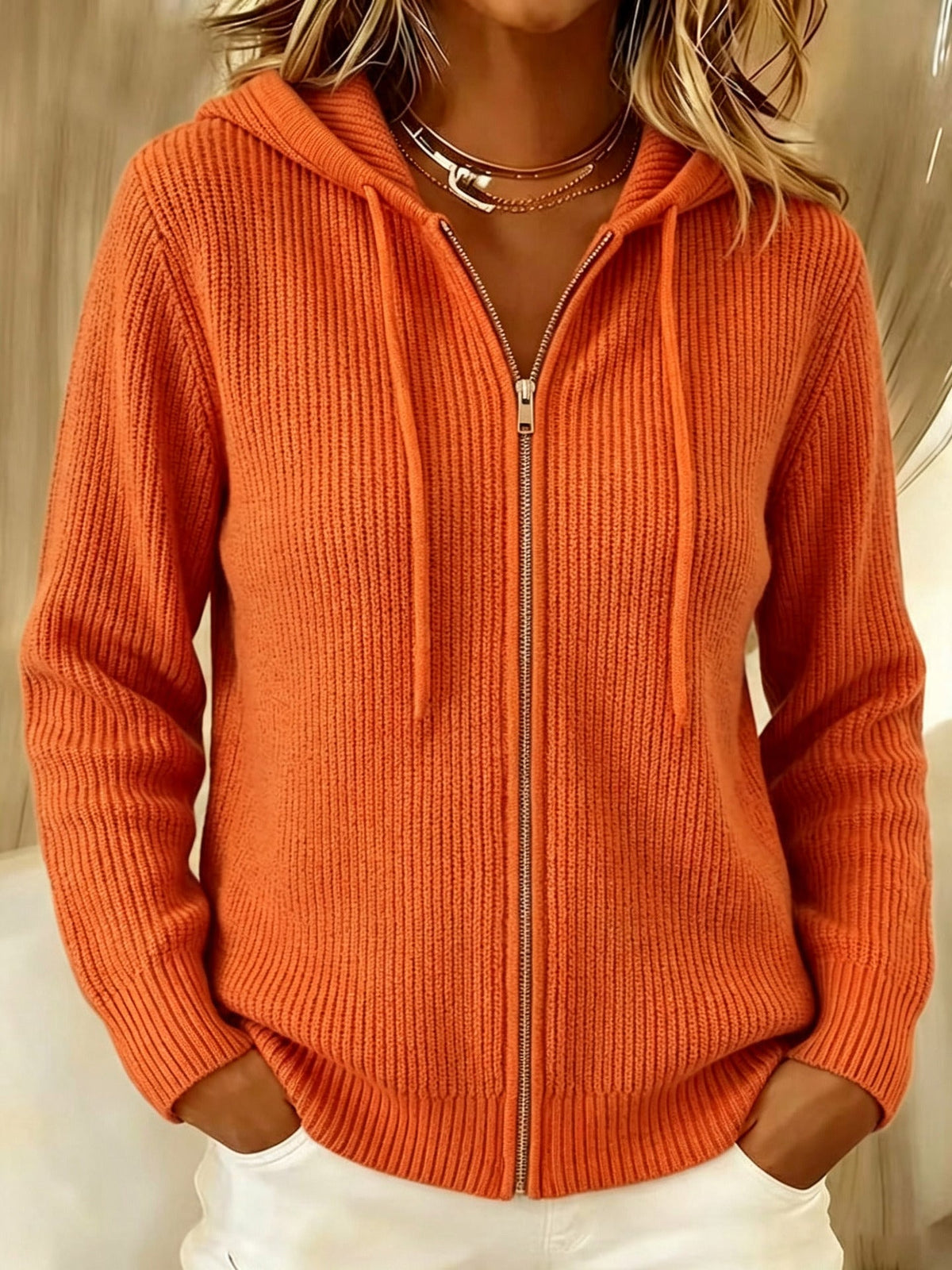Women's Ribbed Knit Zip-Up Hoodie Cardigan with Drawstring, Orange, view 7