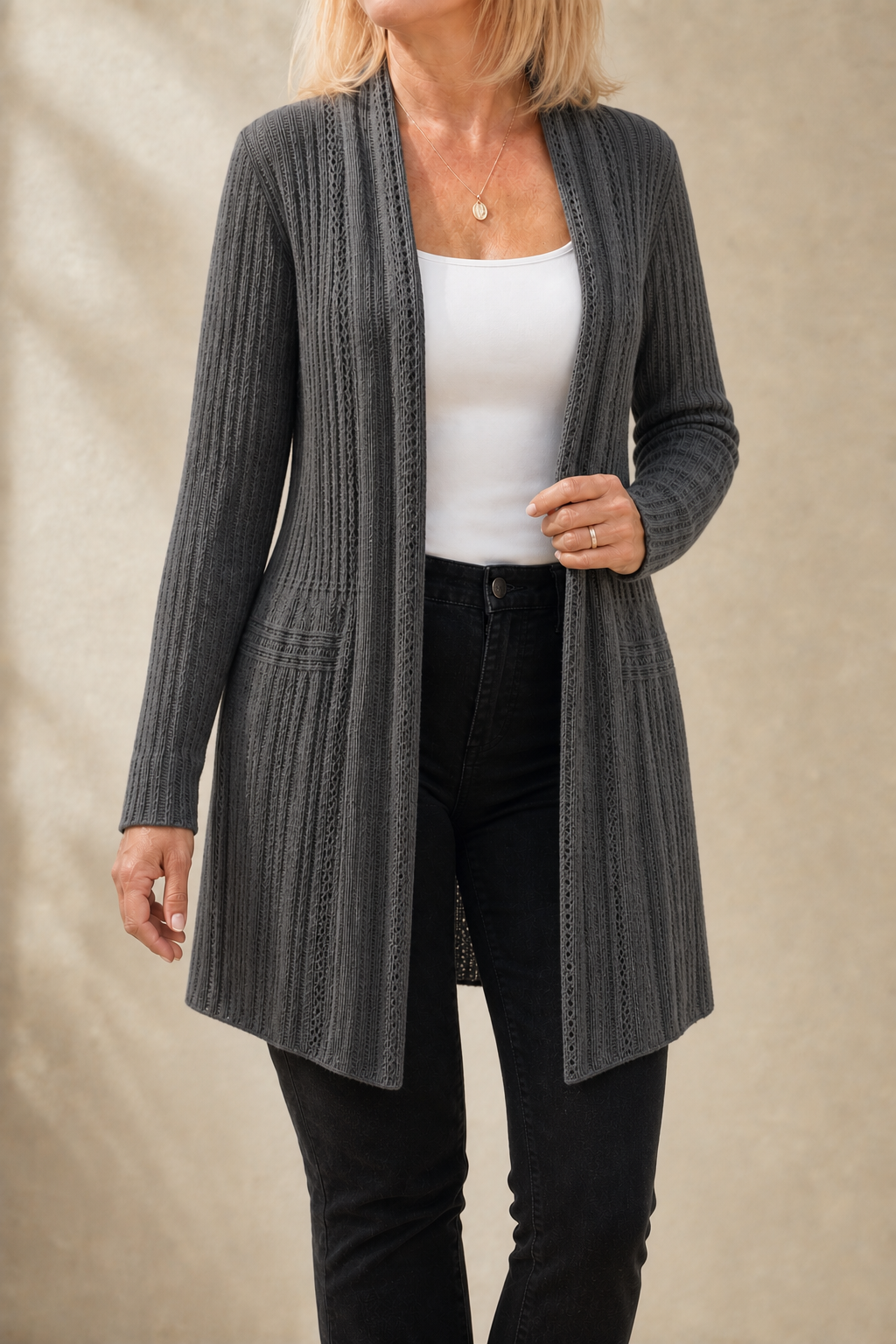 Women's Ribbed Open-Front Cardigan with Flared Hem, Dark Grey, view 1