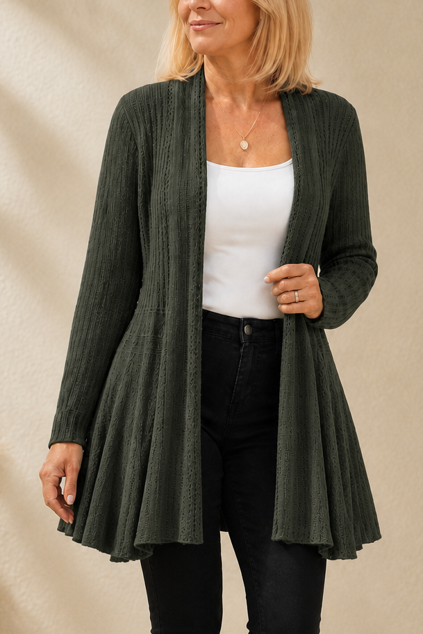 Women's Ribbed Open-Front Cardigan with Flared Hem, Army Green, view 3