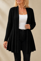 Women's Ribbed Open-Front Cardigan with Flared Hem, Black, view 5