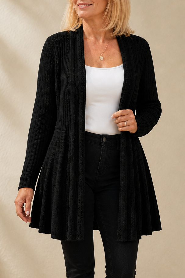 Women's Ribbed Open-Front Cardigan with Flared Hem, Black, view 5