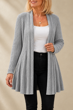 Women's Ribbed Open-Front Cardigan with Flared Hem, Light Grey, view 6