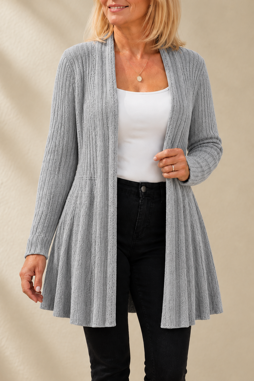 Women's Ribbed Open-Front Cardigan with Flared Hem, Light Grey, view 6