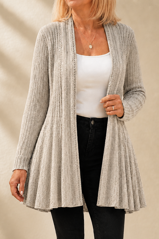 Women's Ribbed Open-Front Cardigan with Flared Hem, Beige, view 7