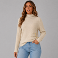 Women's Ribbed Turtleneck Jumper with Side Buttons, Beige, view 1