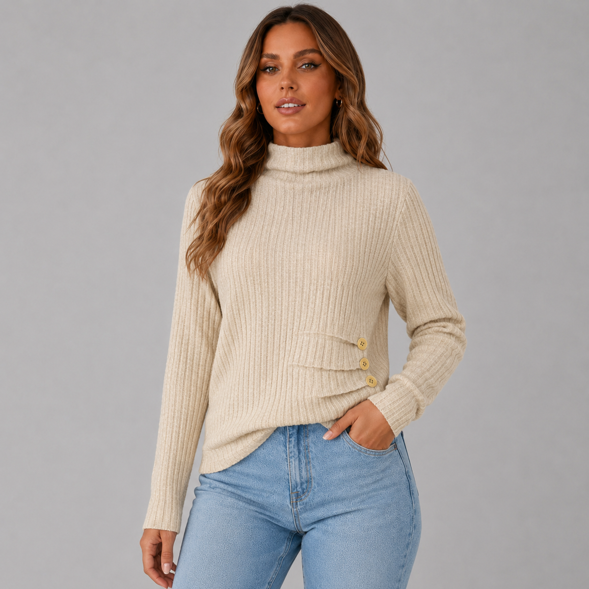 Women's Ribbed Turtleneck Jumper with Side Buttons, Beige, view 1