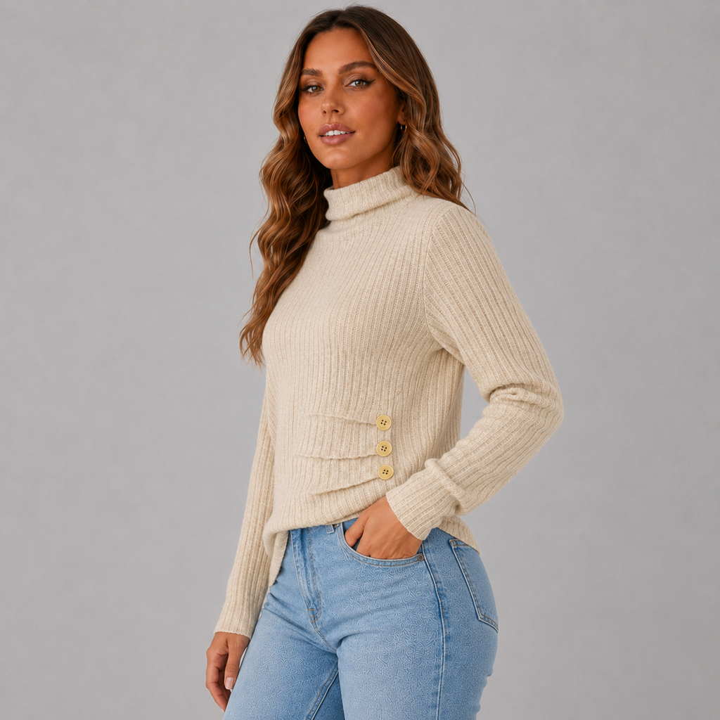 Women's Ribbed Turtleneck Jumper with Side Buttons, view 2