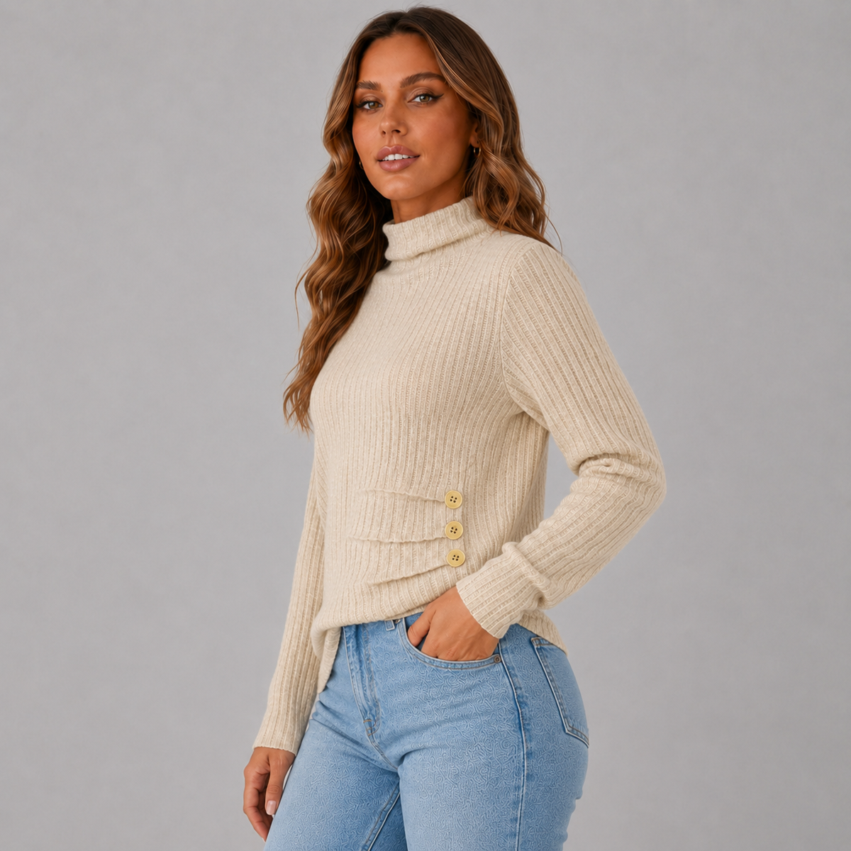 Women's Ribbed Turtleneck Jumper with Side Buttons, view 2
