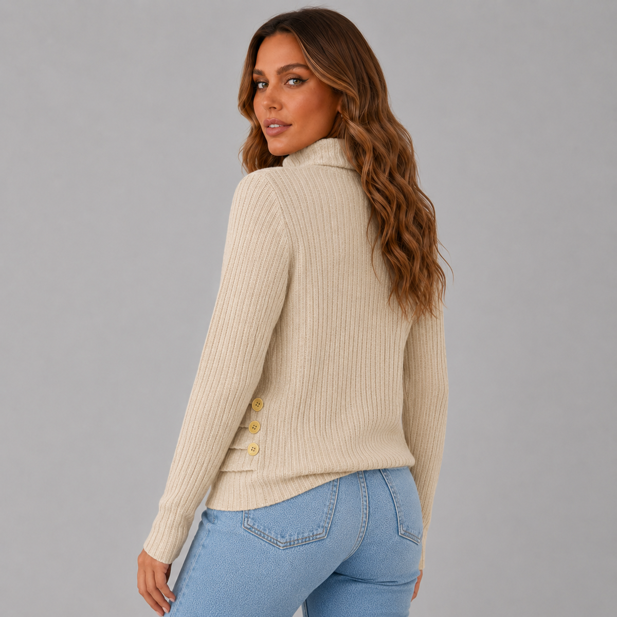 Women's Ribbed Turtleneck Jumper with Side Buttons, view 3