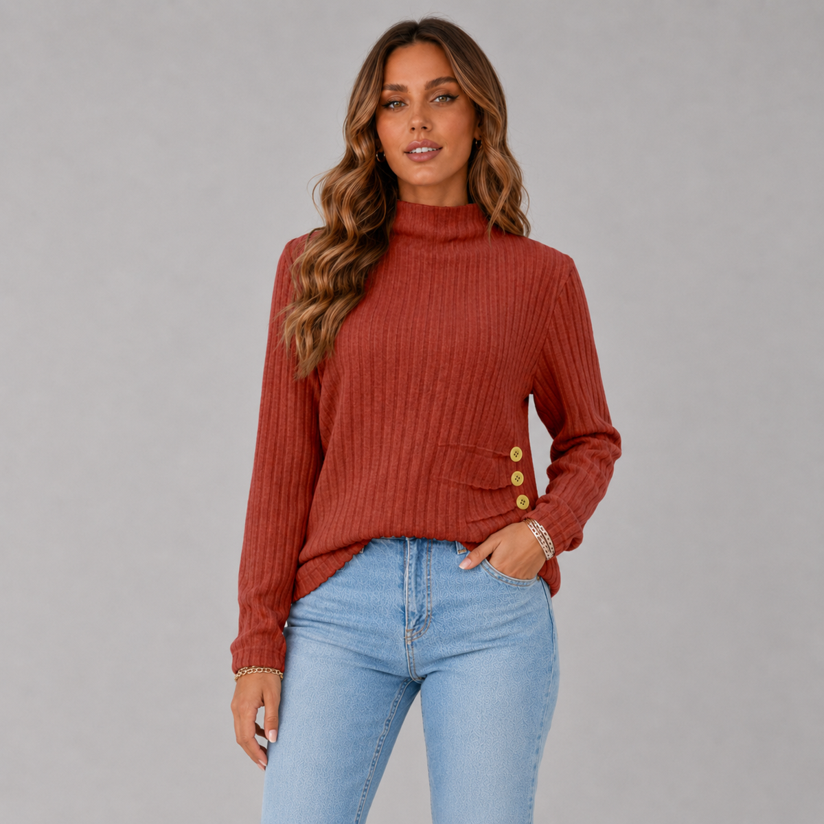 Women's Ribbed Turtleneck Jumper with Side Buttons, Red, view 4