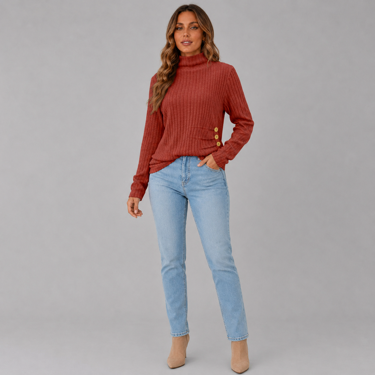 Women's Ribbed Turtleneck Jumper with Side Buttons, view 5