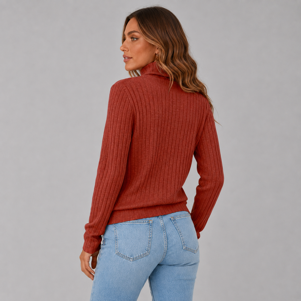 Women's Ribbed Turtleneck Jumper with Side Buttons, view 6