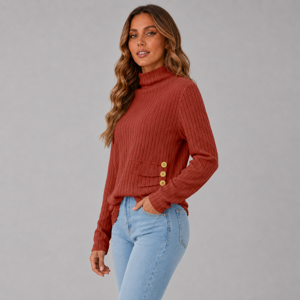 Women's Ribbed Turtleneck Jumper with Side Buttons, view 7