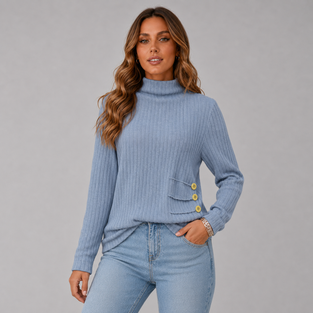 Women's Ribbed Turtleneck Jumper with Side Buttons, Blue, view 11