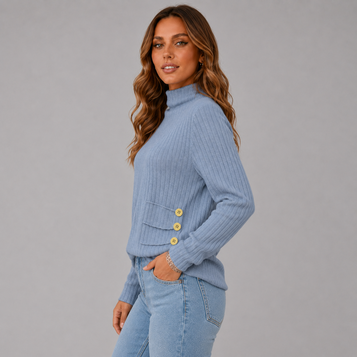 Women's Ribbed Turtleneck Jumper with Side Buttons, view 12