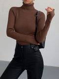 Women's Ribbed Turtleneck Jumper with Thumb Holes, Dark Brown, view 1