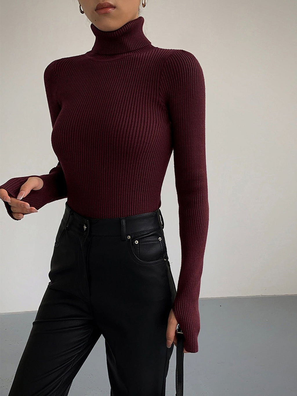 Women's Ribbed Turtleneck Jumper with Thumb Holes, Burgundy, view 4