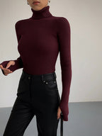 Women's Ribbed Turtleneck Jumper with Thumb Holes, Burgundy, view 4
