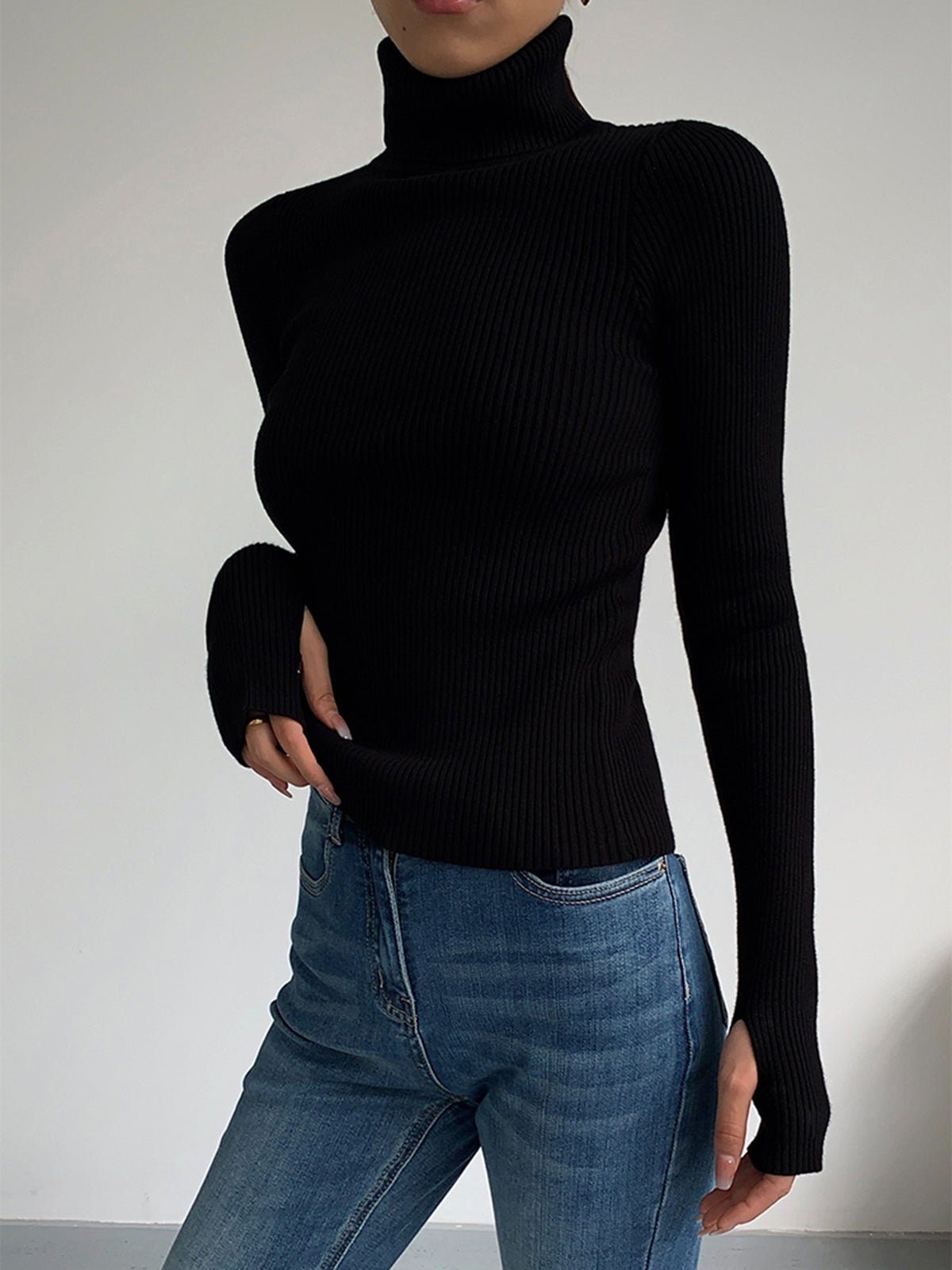Women's Ribbed Turtleneck Jumper with Thumb Holes, Black, view 6