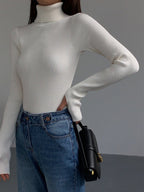 Women's Ribbed Turtleneck Jumper with Thumb Holes, White, view 7