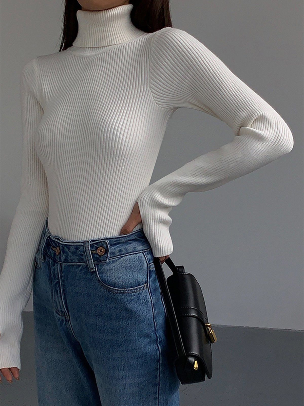Women's Ribbed Turtleneck Jumper with Thumb Holes, White, view 7