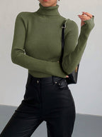 Women's Ribbed Turtleneck Jumper with Thumb Holes, Green, view 8